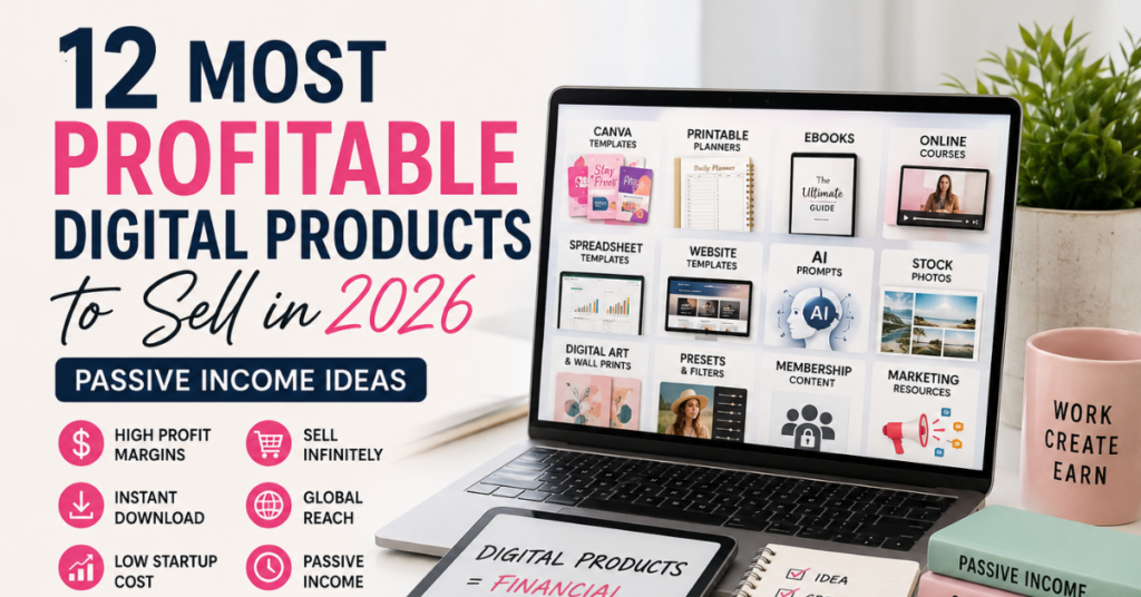 Infographic showing the 12 most profitable digital products to sell online in 2026 for passive income.