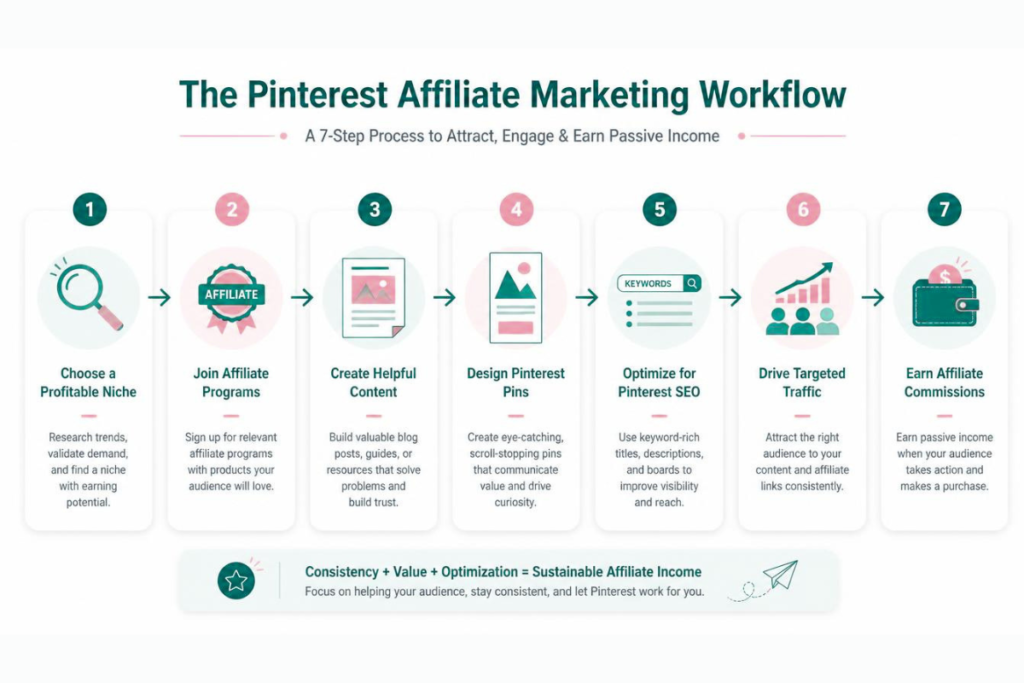 Pinterest affiliate marketing workflow from choosing a niche to earning affiliate commissions