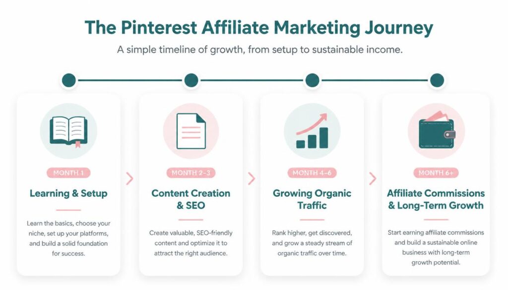 Timeline showing the typical growth stages of Pinterest affiliate marketing