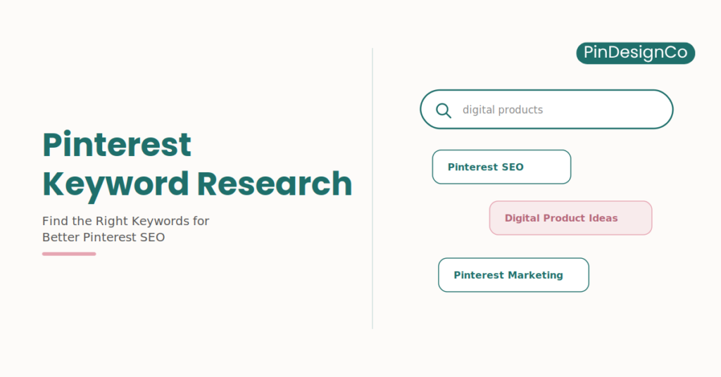 Pinterest keyword research featured graphic with search bar and keyword cards