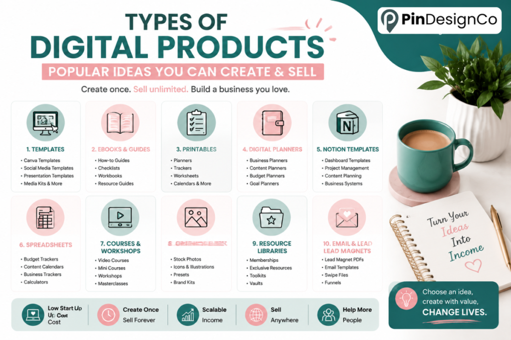 Types of digital product ideas including templates, ebooks, printables, planners, and Notion templates